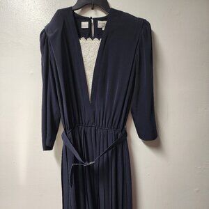Vintage Liz Roberts Navy Long Sleeve Polyester Dress Lace insert neck 12 Church